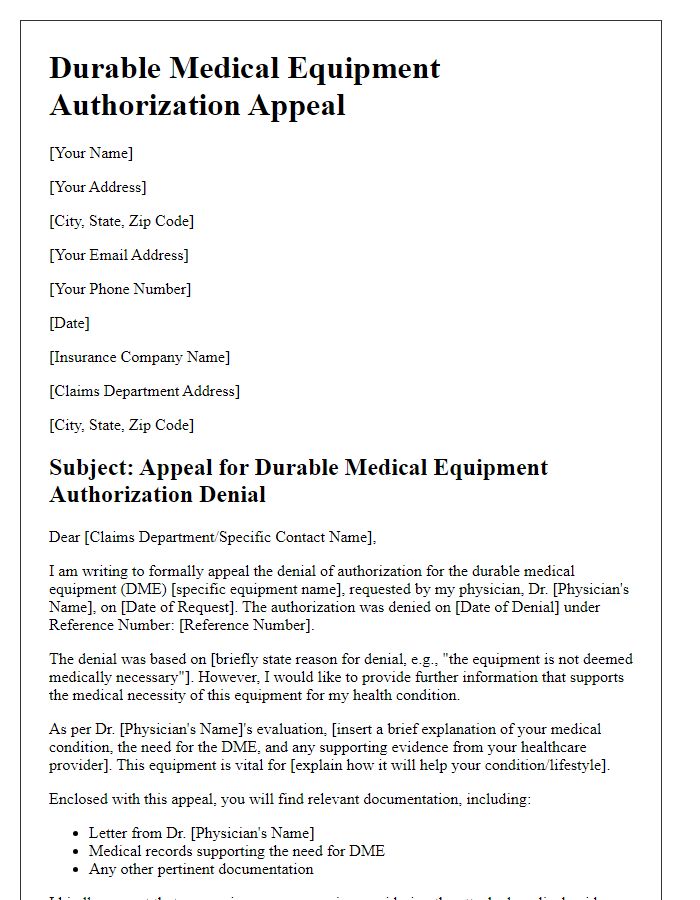 Letter template of durable medical equipment authorization appeal