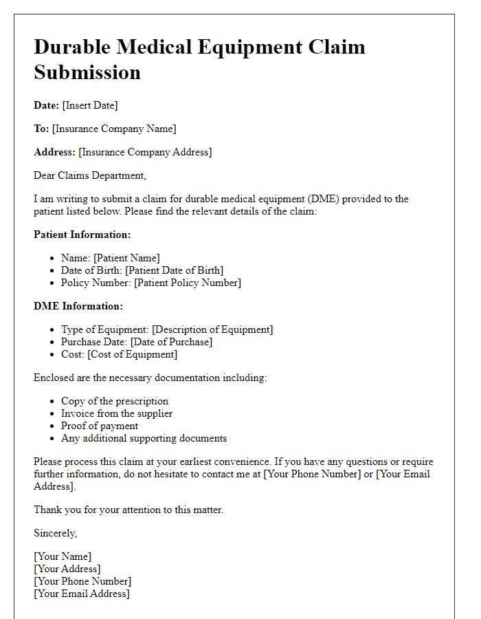 Letter template of durable medical equipment claim submission