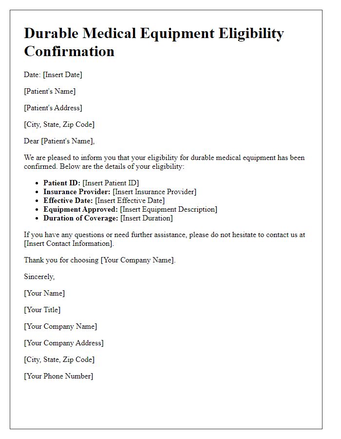 Letter template of durable medical equipment eligibility confirmation