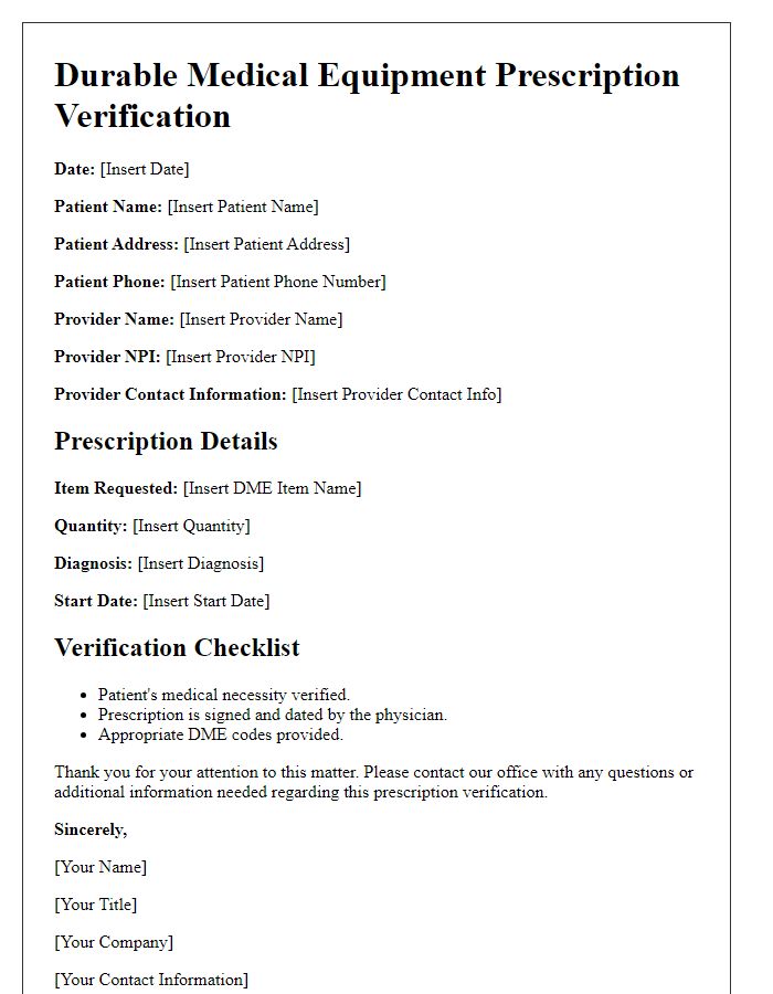 Letter template of durable medical equipment prescription verification