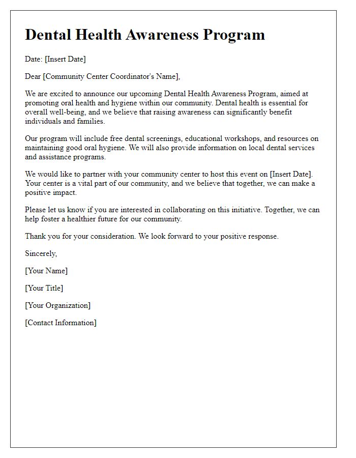 Letter template of dental health awareness for community centers.