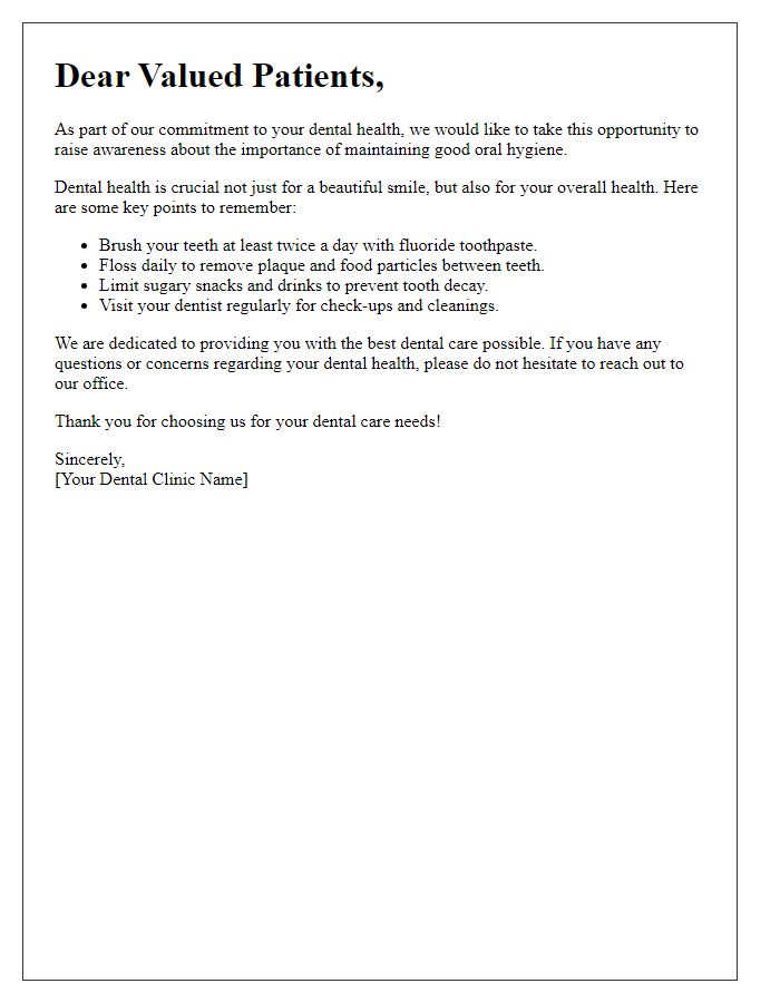 Letter template of dental health awareness for dental clinics.