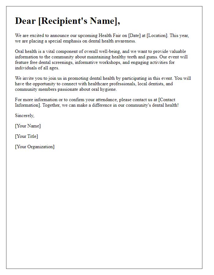 Letter template of dental health awareness for health fairs.