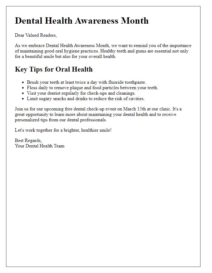 Letter template of dental health awareness for newsletters.