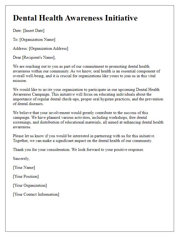 Letter template of dental health awareness for organizations.