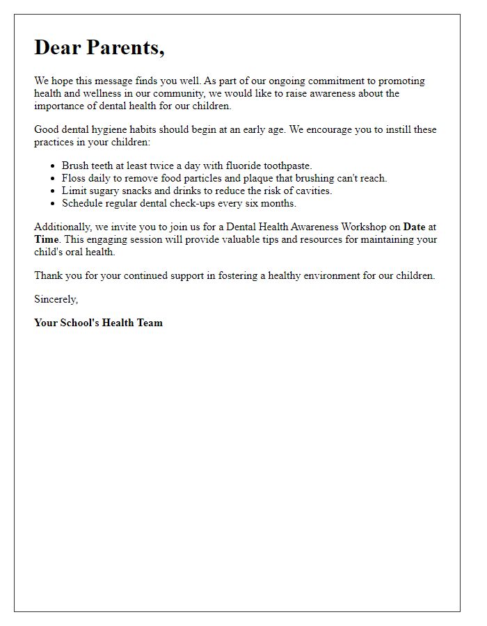 Letter template of dental health awareness for parents.