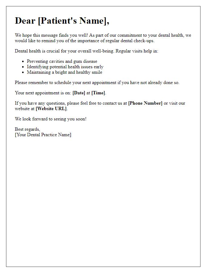 Letter template of dental health awareness for patient reminders.