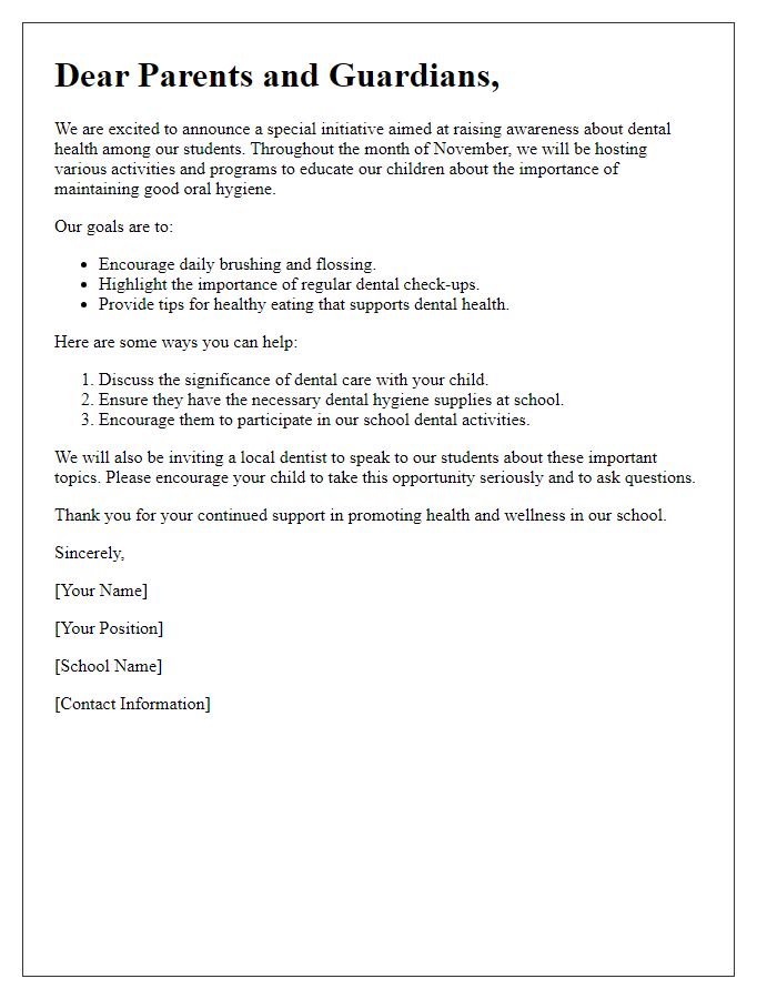 Letter template of dental health awareness for schools.