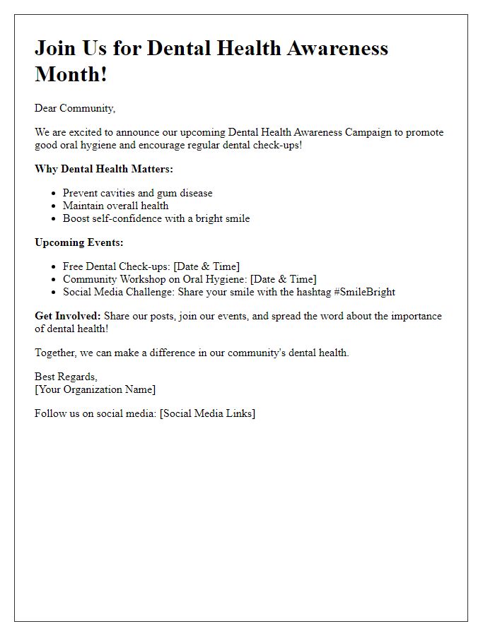 Letter template of dental health awareness for social media campaigns.