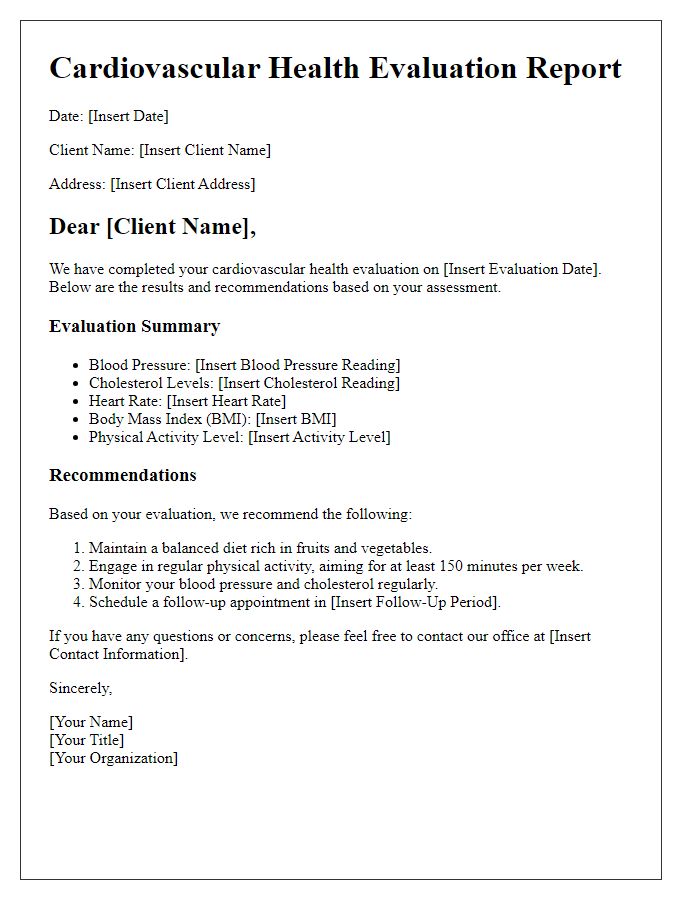 Letter template of cardiovascular health evaluation for clients