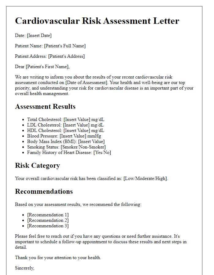 Letter template of cardiovascular risk assessment for patients