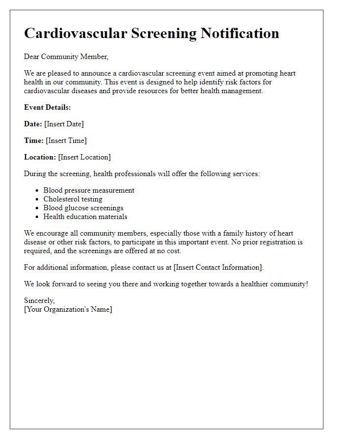 Letter template of cardiovascular screening notification for community members