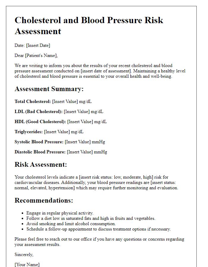 Letter template of cholesterol and blood pressure risk assessment for adults