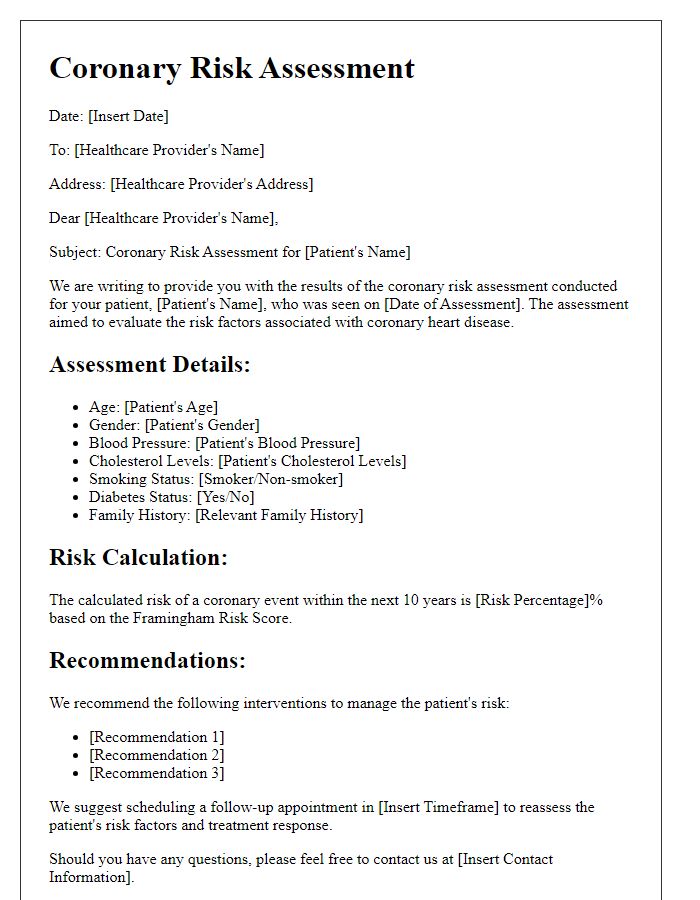 Letter template of coronary risk assessment for healthcare providers