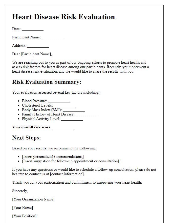 Letter template of heart disease risk evaluation for participants