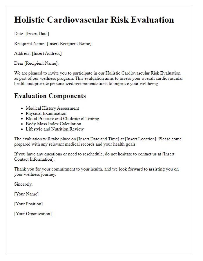 Letter template of holistic cardiovascular risk evaluation for wellness programs