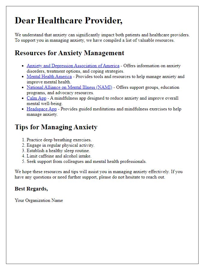 Letter template of anxiety management resources for healthcare providers