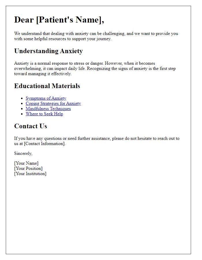 Letter template of educational materials on anxiety for patients