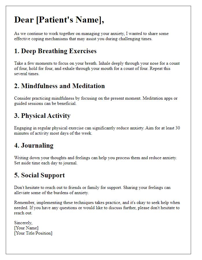 Letter template of effective coping mechanisms for patient anxiety