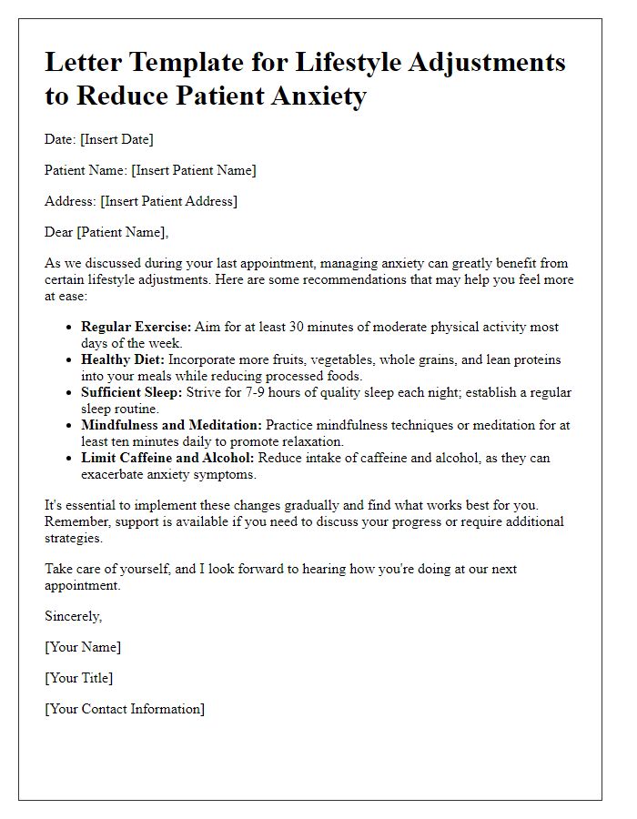 Letter template of lifestyle adjustments for reducing patient anxiety