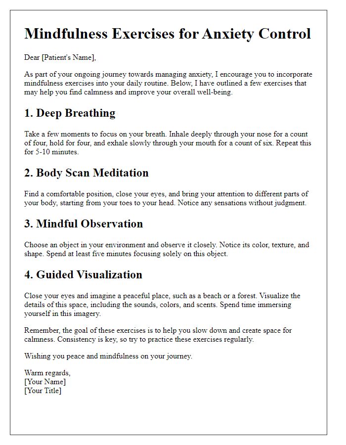 Letter template of mindfulness exercises for patient anxiety control