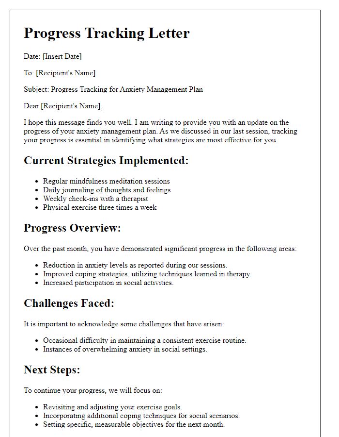 Letter template of progress tracking for anxiety management plans