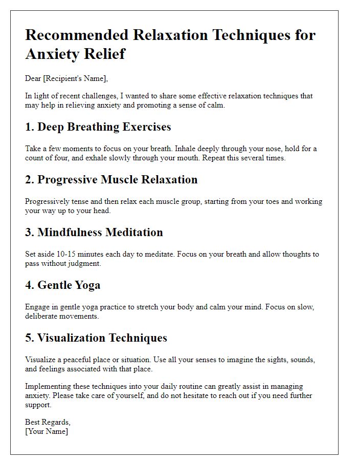 Letter template of recommended relaxation techniques for anxiety relief