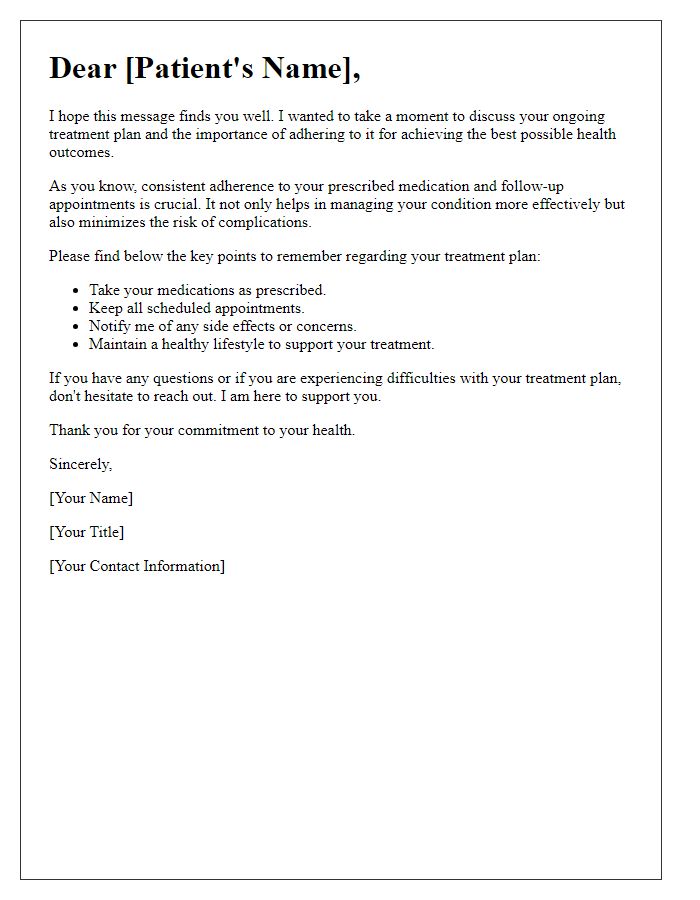 Letter template of fostering adherence to treatment plans