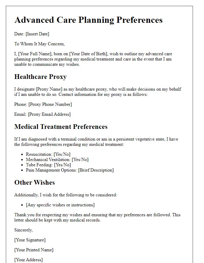 Letter template of advanced care planning preferences