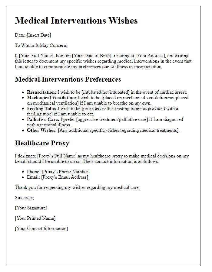 Letter template of documenting specific medical interventions wishes