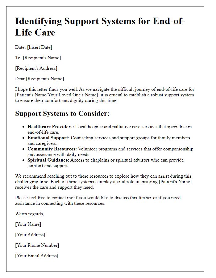 Letter template of identifying support systems for end-of-life care