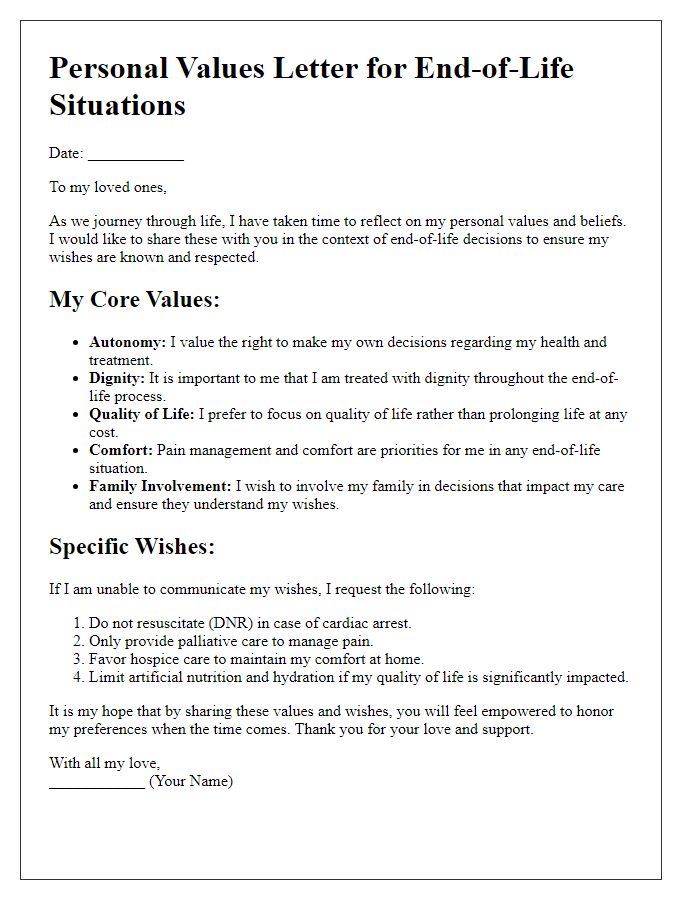 Letter template of personal values in end-of-life situations