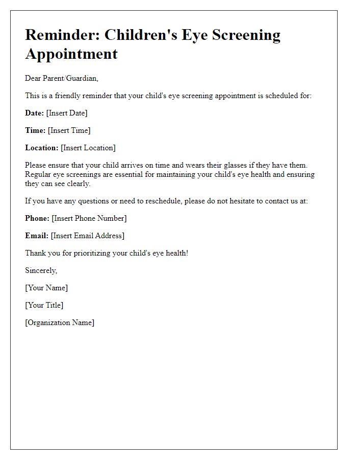 Letter template of childrens eye screening reminder.