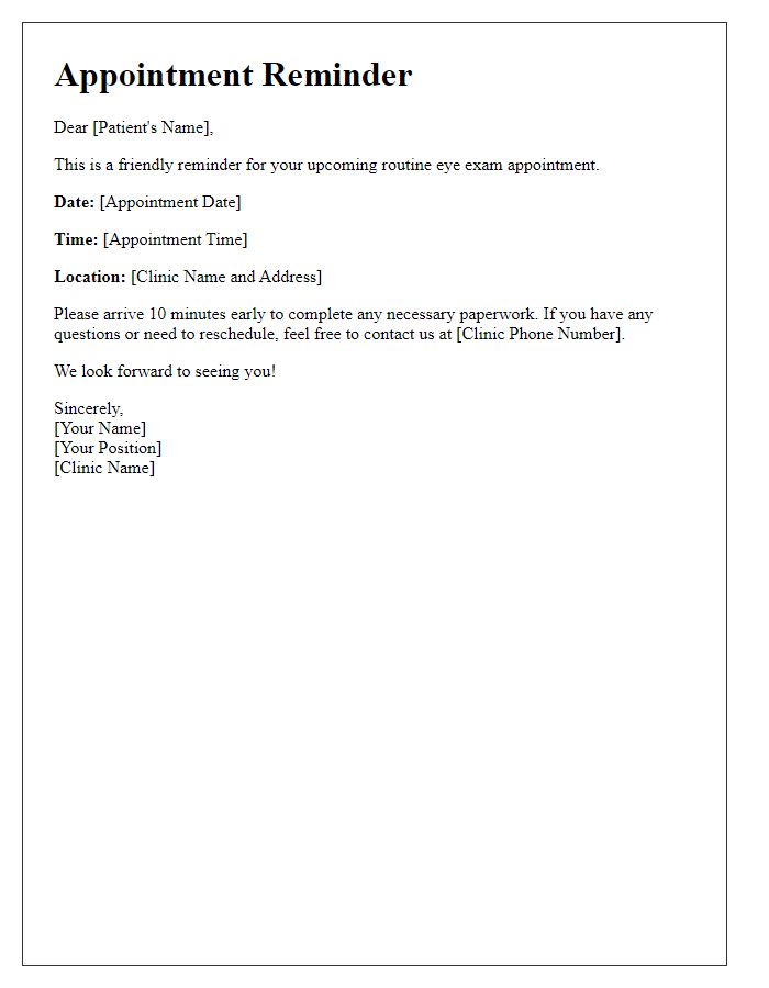 Letter template of routine eye exam appointment reminder.