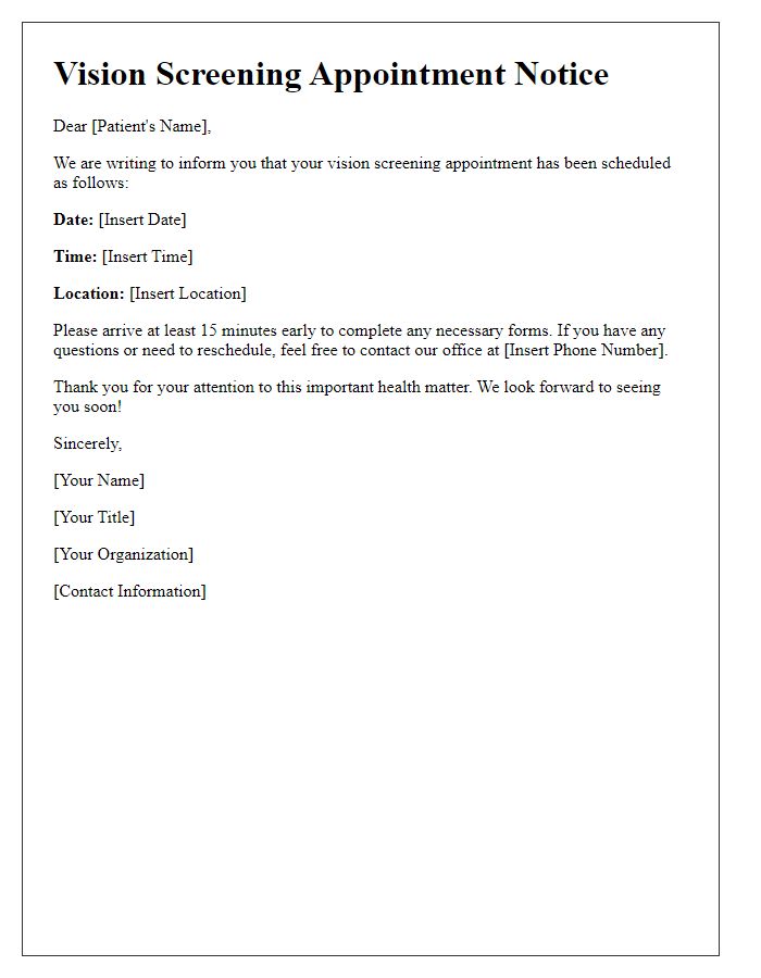 Letter template of vision screening appointment notice.