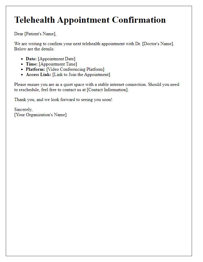 Letter template of telehealth appointment confirmation for next session