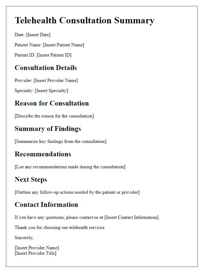 Letter template of telehealth consultation summary for patient review