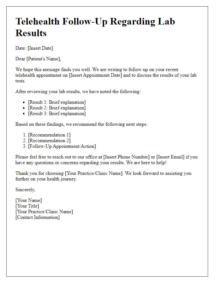 Letter template of telehealth follow-up regarding lab results