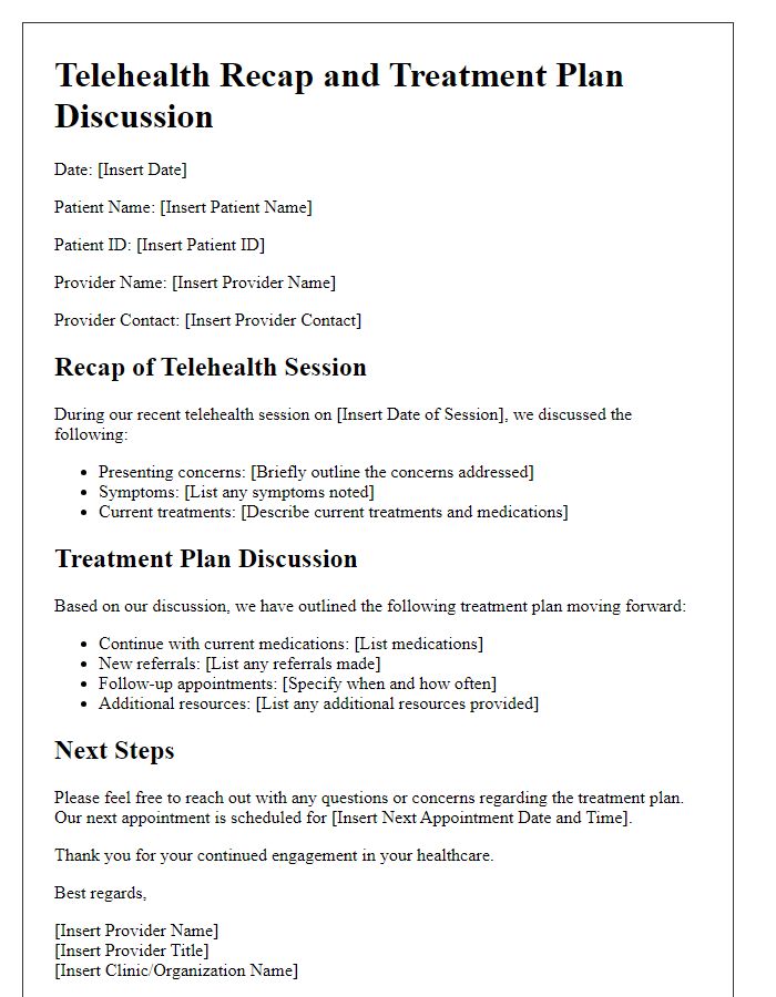 Letter template of telehealth recap for treatment plan discussion