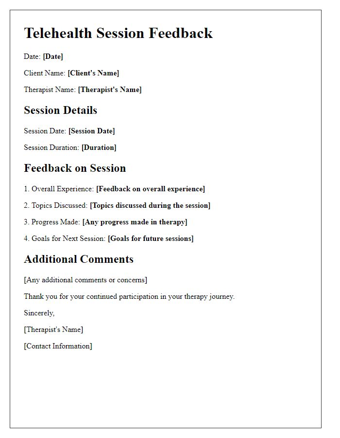 Letter template of telehealth session feedback for therapy progression