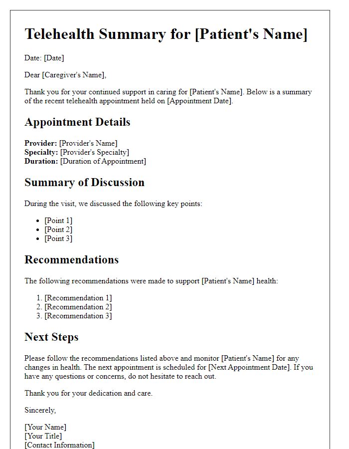 Letter template of telehealth summaries for caregiver communication