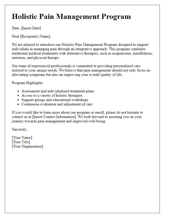 Letter template of holistic pain management program