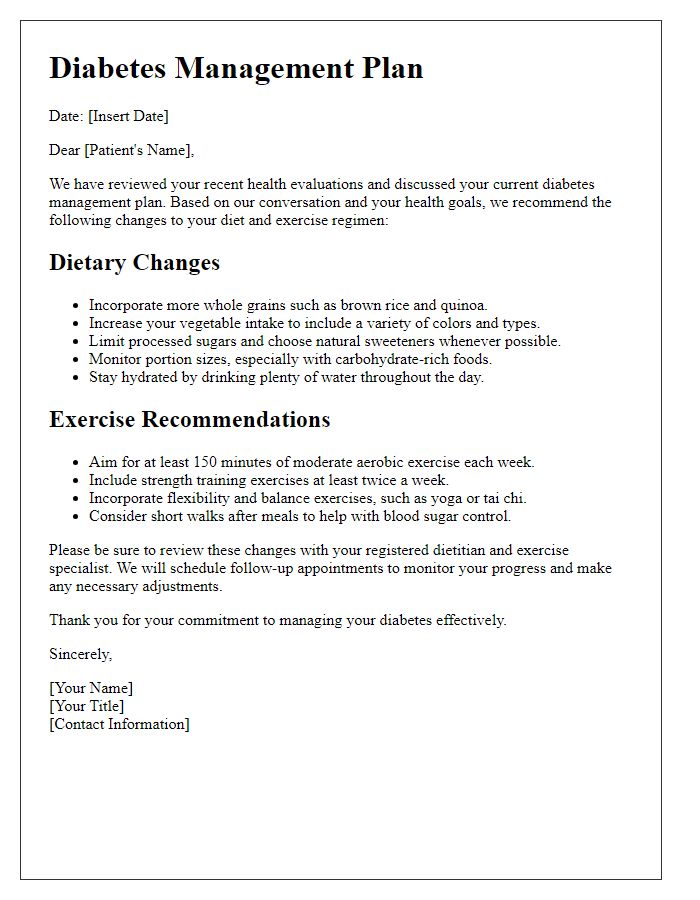 Letter template of diabetes diet and exercise regimen changes.