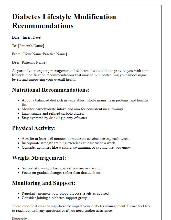 Letter template of diabetes lifestyle modification recommendations.