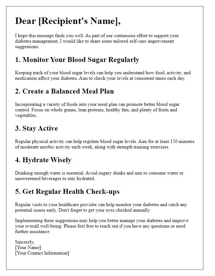 Letter template of diabetes self-care improvement suggestions.