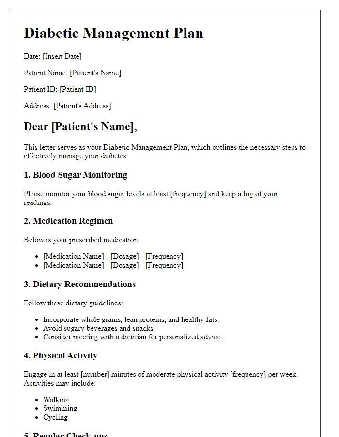 Letter template of diabetic management plan.