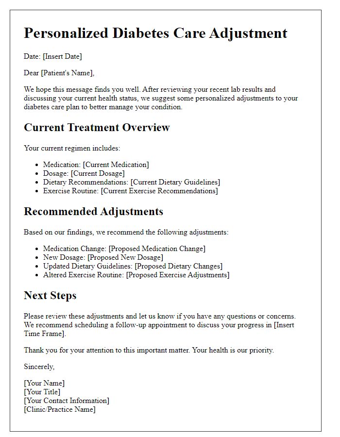 Letter template of personalized diabetes care adjustments.