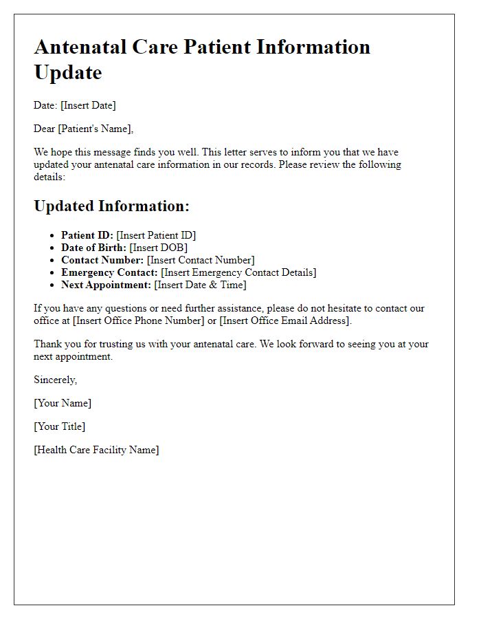 Letter template of antenatal care patient information update