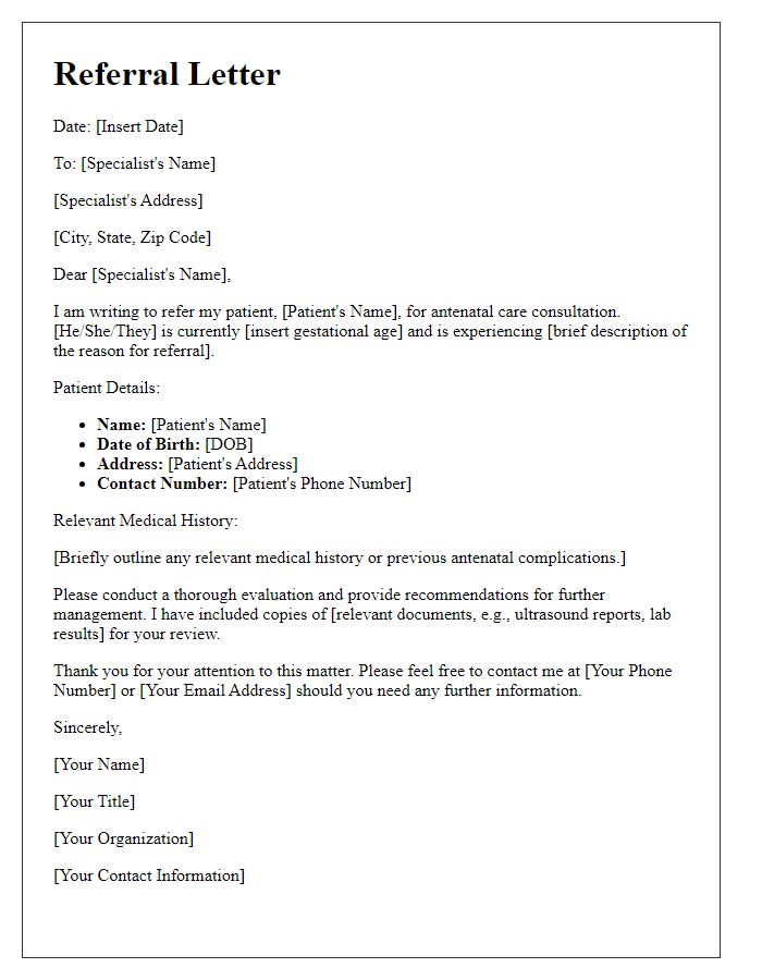 Letter template of antenatal care specialist referral