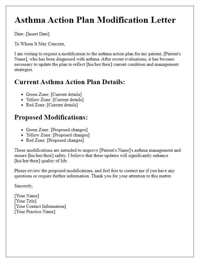 Letter template of asthma action plan modification